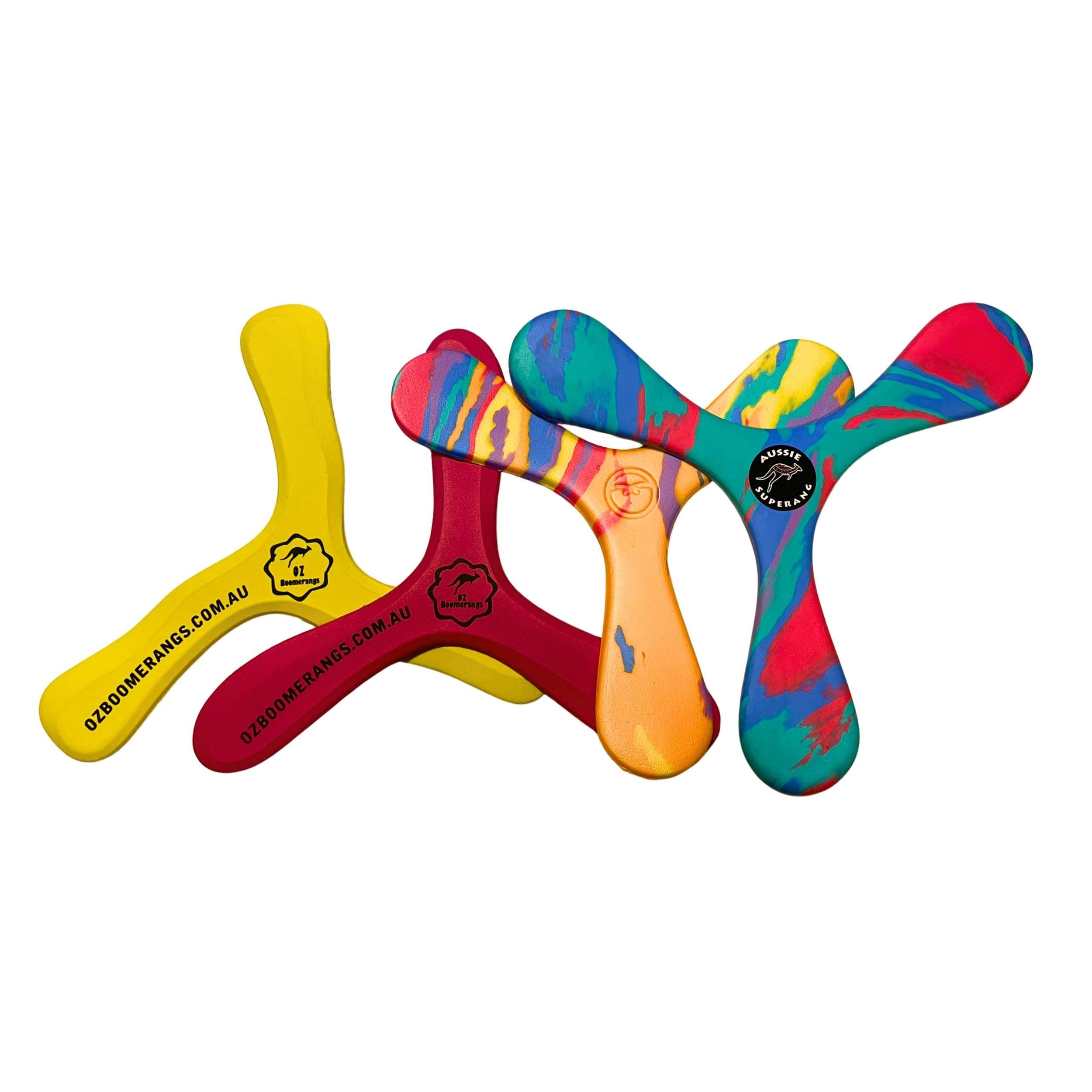 Four colourful boomerangs on a white background